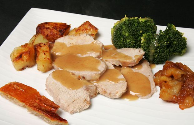 Kurobuta Roast Rack of Pork Dinner
With crackling, roast potatoes, broccoli, and home-made apple sauce.
Keywords: Kurobuta roast rack pork dinner crackling potatoes broccoli apple sauce Berkshire