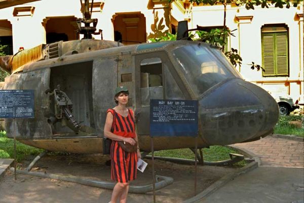 Ho Chi Minh City "Museum of War Remnants" with a Helicopter
From the [i]New York Times[/i] of July 1999:  "The city's Museum of War Remnants, with its displays of captured weapons and its catalog of horrors, only recently amended its name, with changing times, from the Museum of American War Crimes."  We were there before it changed its name.  Our guide didn't want to take us, and felt very awkward about it all.
الكلمات الإستدلالية(لتسهيل البحث): Marjorie Ho Chi Minh City Museum of War Remnants