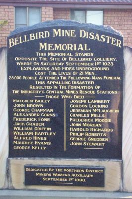 Bellbird Mining Disaster Plaque
A plaque in memory of miners who died in a mining disaster
