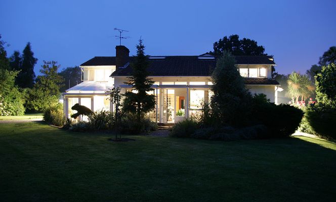 Whitecroft on a Summer Evening
Taken at 10:30 PM on June 19 2005.  Overcast evening -- waiting for the thunder storms -- but almost a full moon.  
Keywords: Whitecroft summer evening night photograph